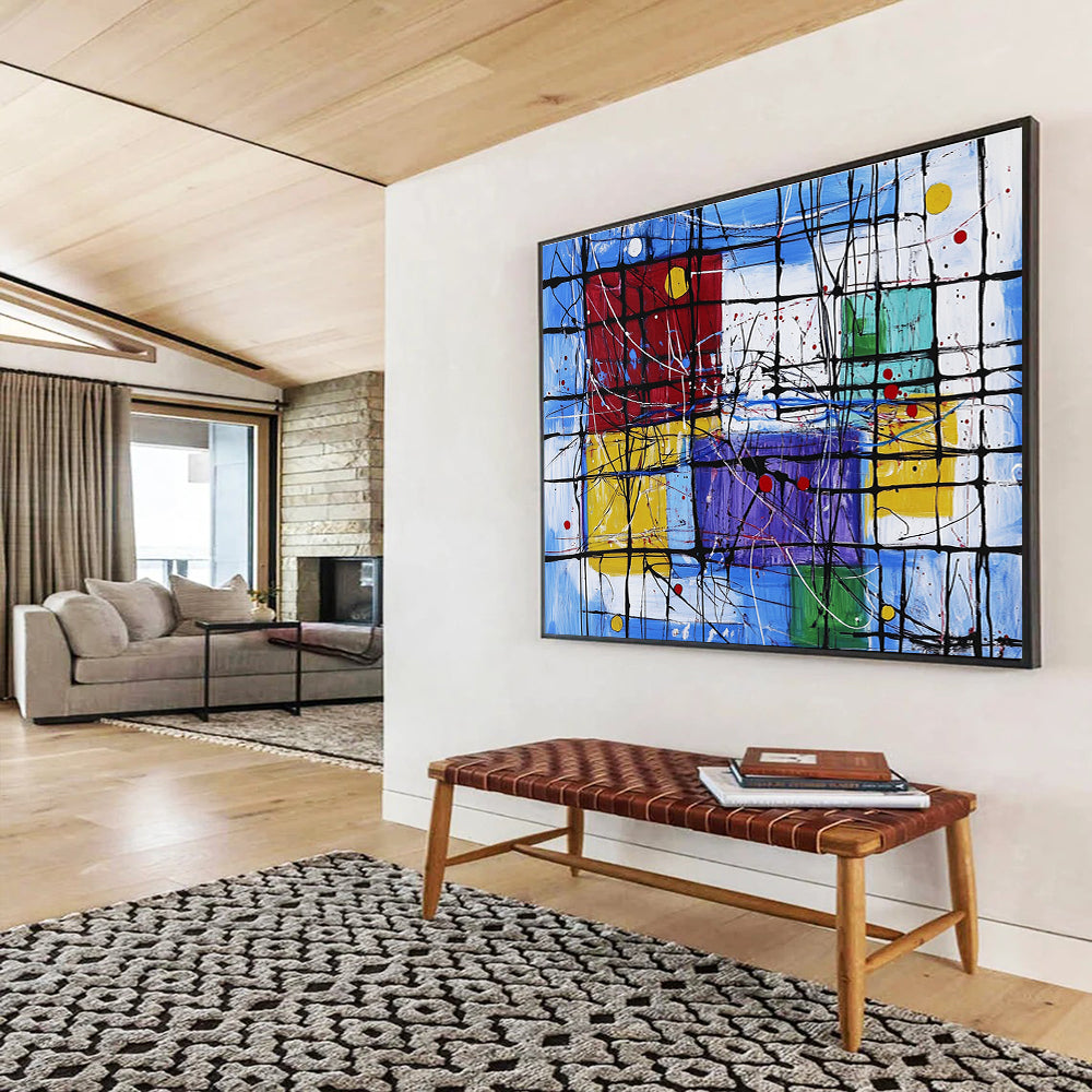 Modern Art Acrylic Multicolor (Blue, Red, Yellow, Purple) Geometric Abstract Painting HPS247