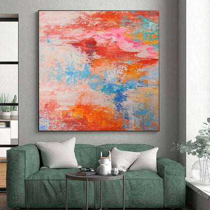Big Painting in Red, Orange, Blue, and Pink Abstract Design, Modern Art Acrylic PT284