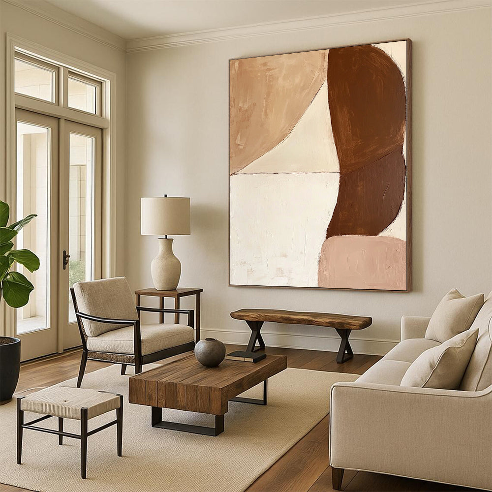 Modern Art Acrylic Beige & Brown Geometric Abstract Painting On Canvas PT129