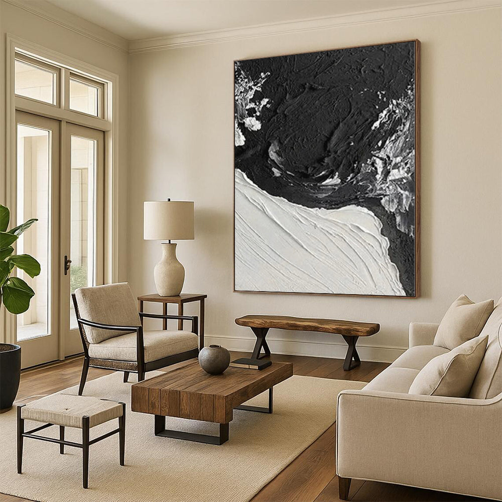 Oversized Abstract Wall Art in Black and White with Textured Brushstrokes PT019