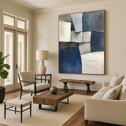 Custom Large Abstract Art For Living Room, Blue Gray White Geometric Abstract Art, Watercolor Painting PT139