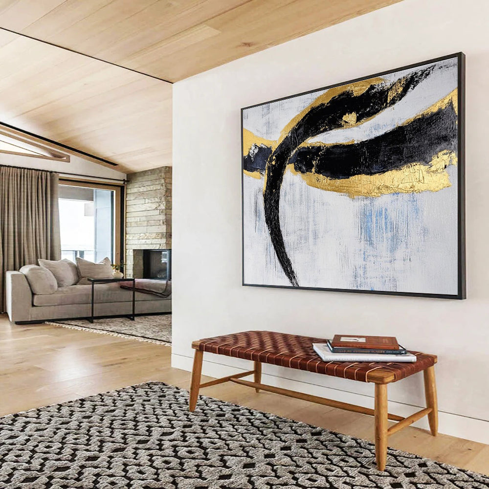 Unique Abstract Art Black, Gold & White Textured Linear Abstract Painting HPS240