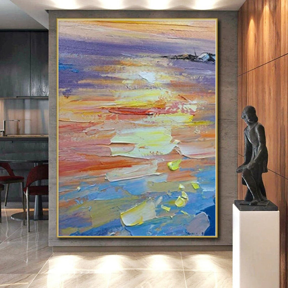 Large Painting In Living Room with Vibrant Sunset Hues (Orange, Yellow, Blue) PT017