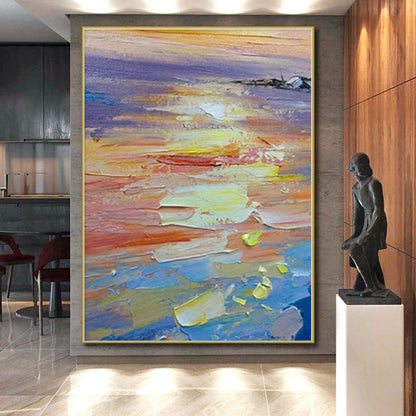 Large Painting In Living Room with Vibrant Sunset Hues (Orange, Yellow, Blue) PT017