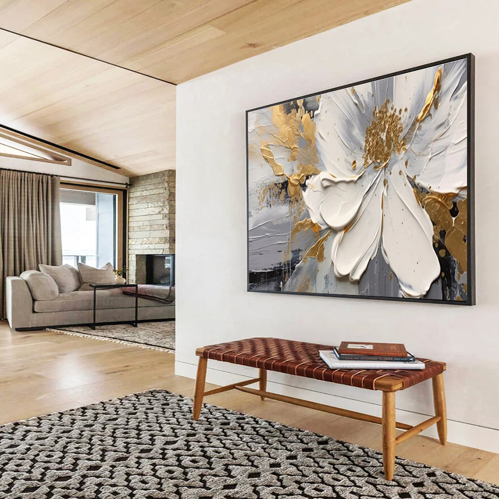 Large Size White, Gray, and Gold Textured Abstract Floral Art HPS394