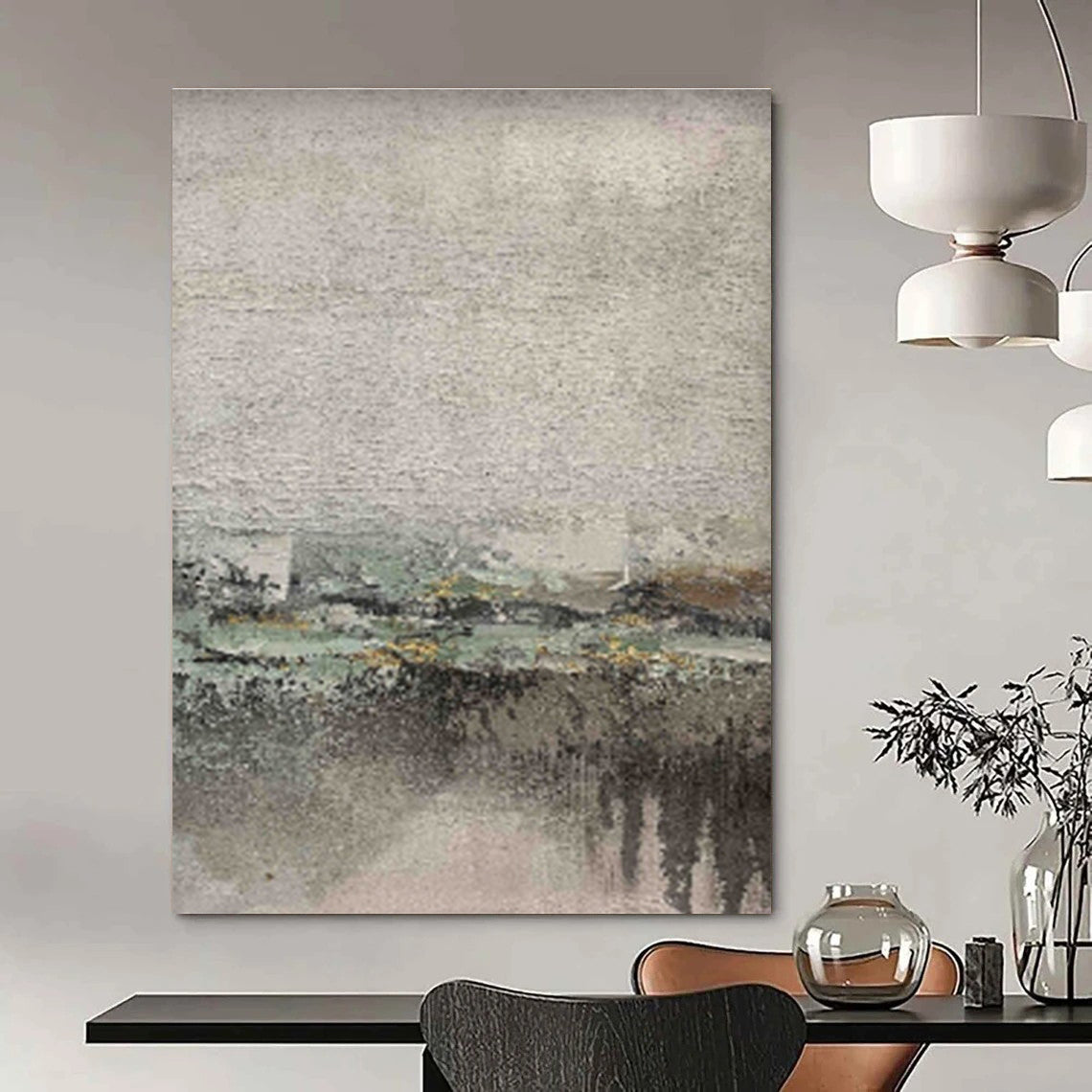 Oversized Abstract Wall Art Gray, Beige, and Green Textured Abstract Landscape Art DPS472