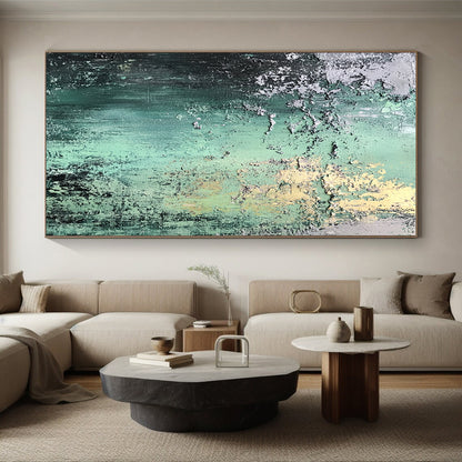 Modern Large Abstract Canvas Painting With Green, Gray, Yellow Textured Layers On Canvas PT187