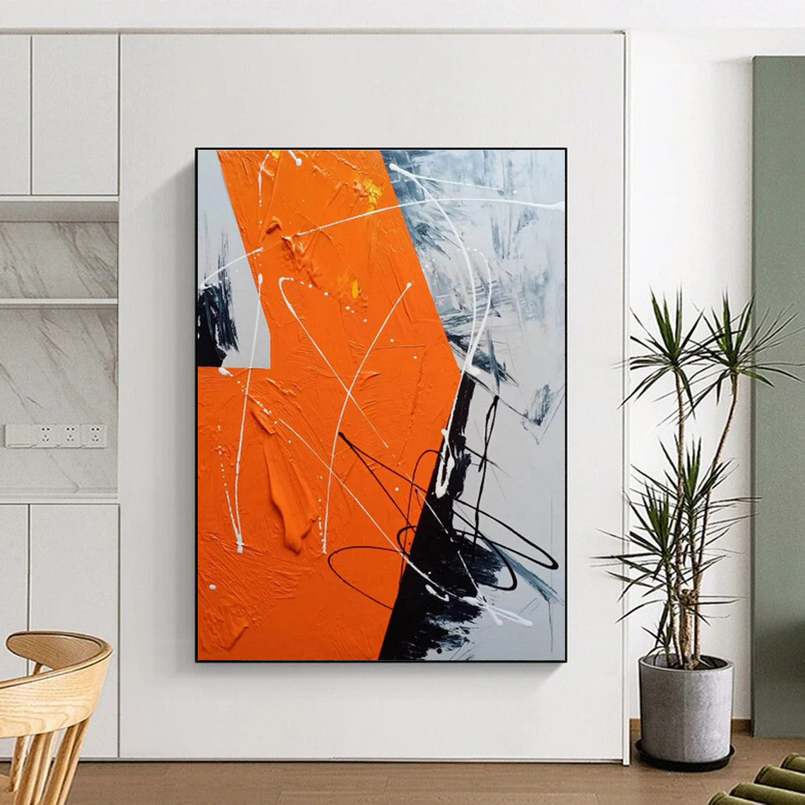 Large Painting In Living Room Orange Black White Textured Abstract Art PT409