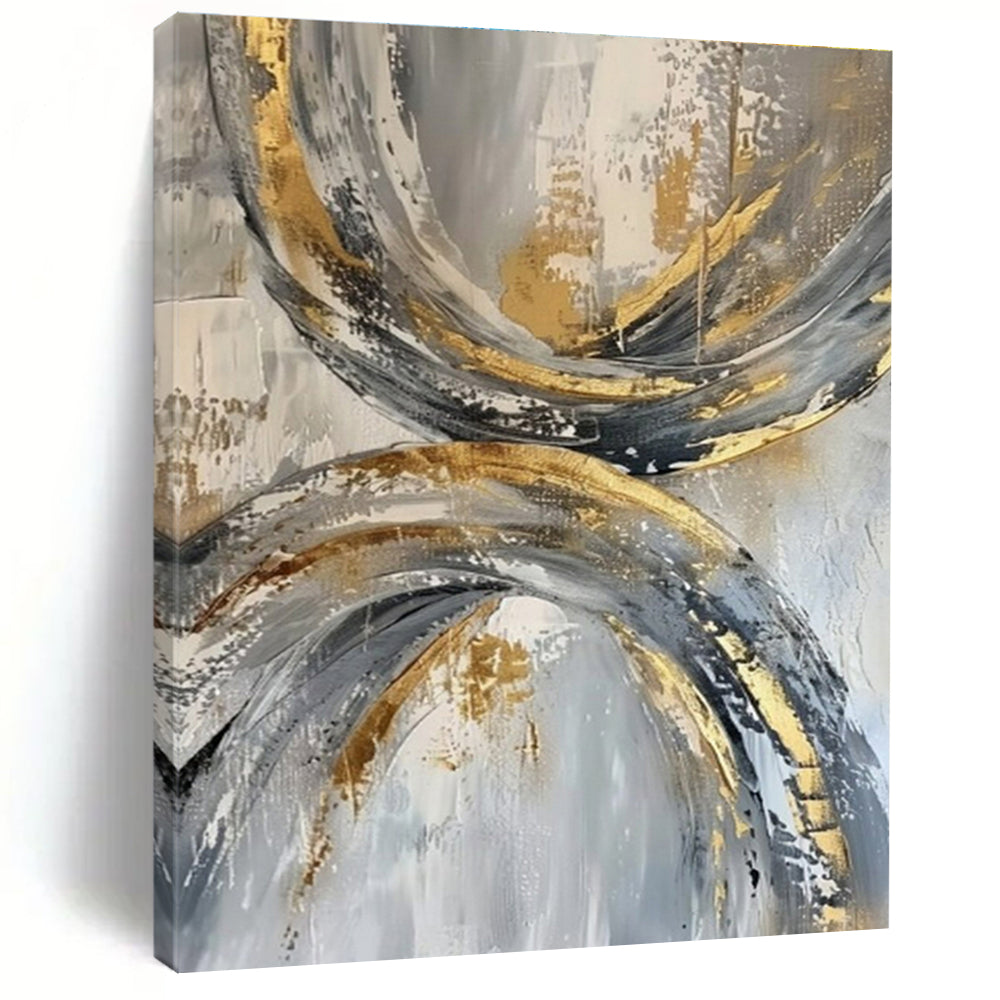 Oversized Abstract Wall Art Gold, Gray, and White Circular Abstract Art PT737