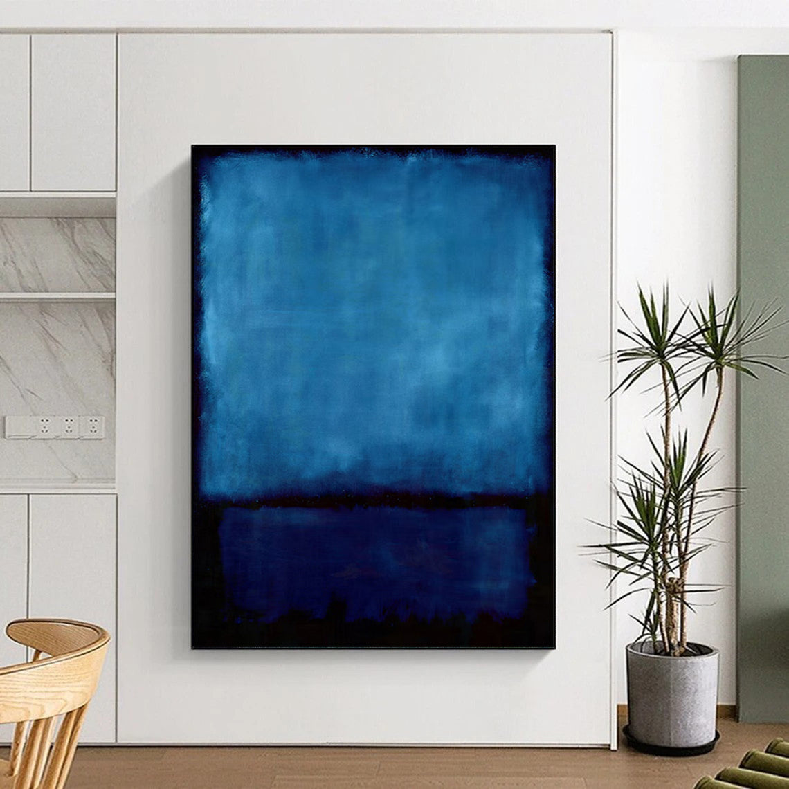 Hand-Painted Deep Blue & Black Abstract Color Block, Modern Art Acrylic DPS496