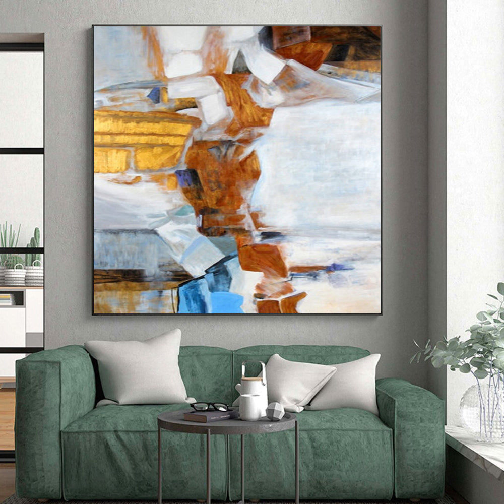 Hand Painted Art with Brown, White, and Blue Geometric Abstract Shapes, Large Contemporary Wall Art PT003