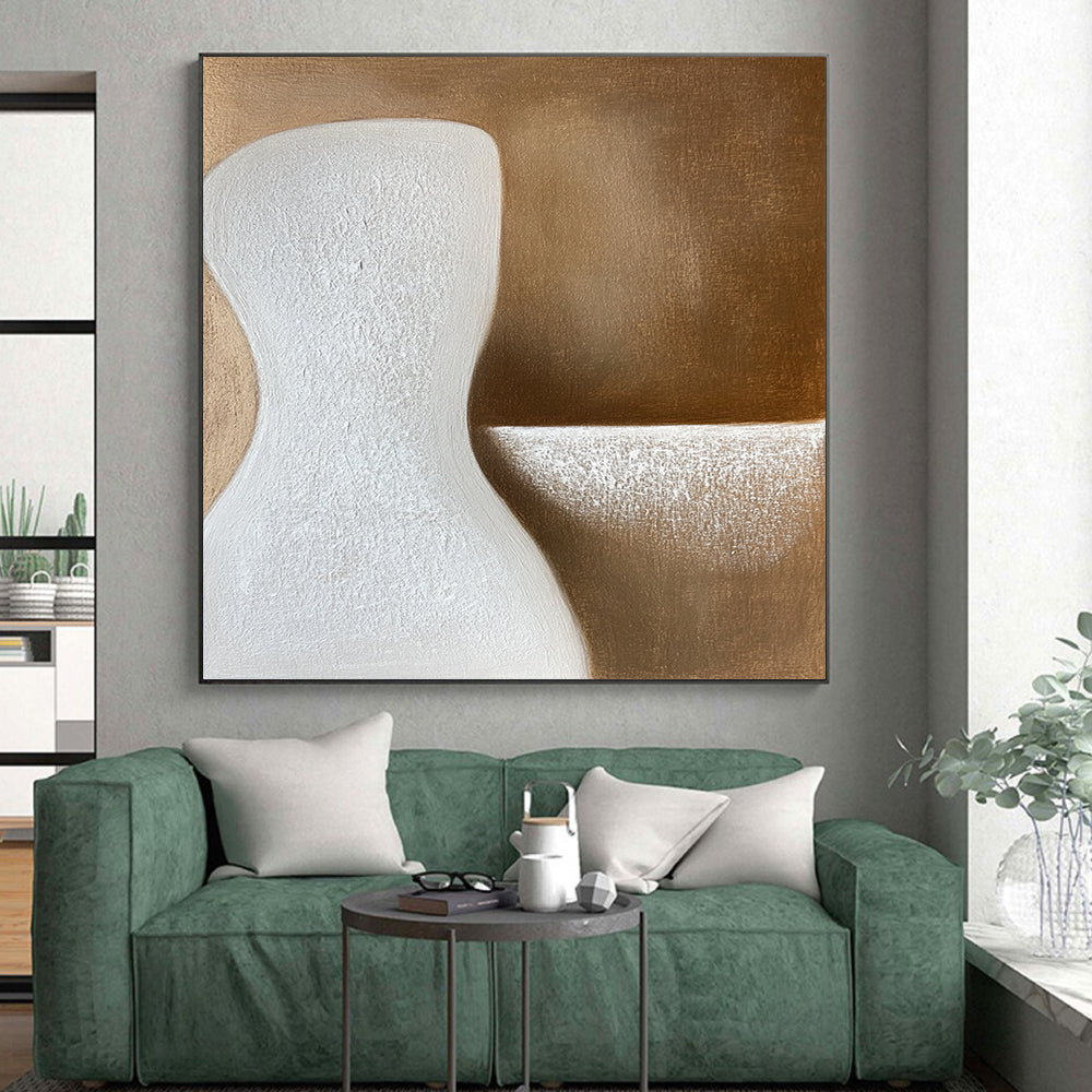 Large Abstract Painting For Living Room, Brown White Abstract Minimalist Sculpture-Inspired Art PT161