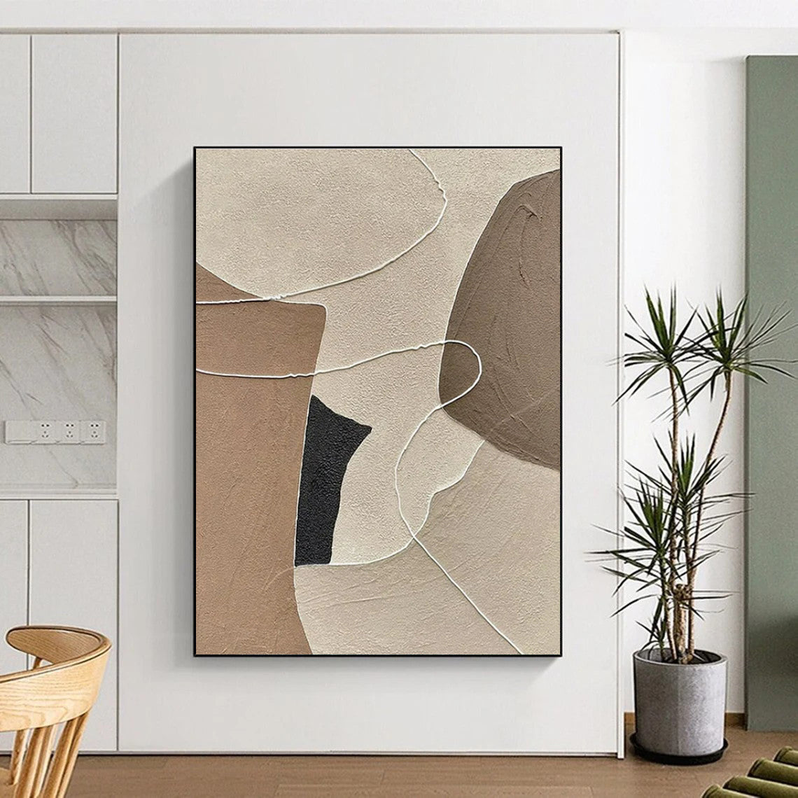 Hand-Painted Beige, Brown and Black Geometric Abstract Play, Modern Art Acrylic PT546