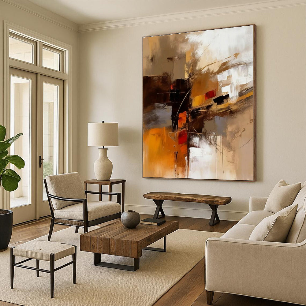 Huge Size Brown and White Abstract Cityscape, Oversized Abstract Wall Art PT519
