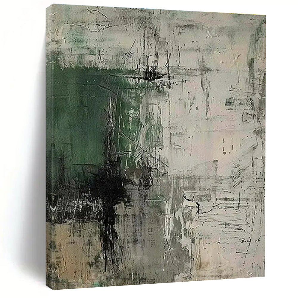 Hand-Painted - Green, Gray & Beige Textured Abstract Art with Dynamic Lines PT598
