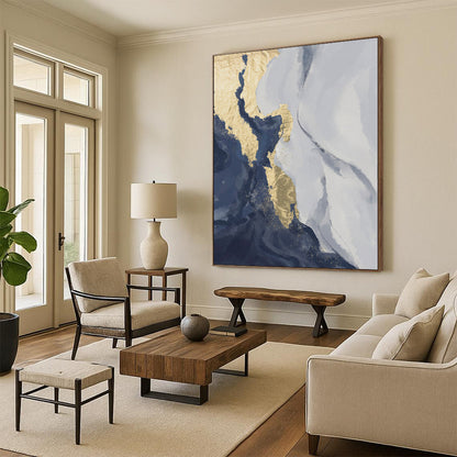 Handmade Art Blue, Gray & Gold Textured Abstract Painting On Canvas PT084