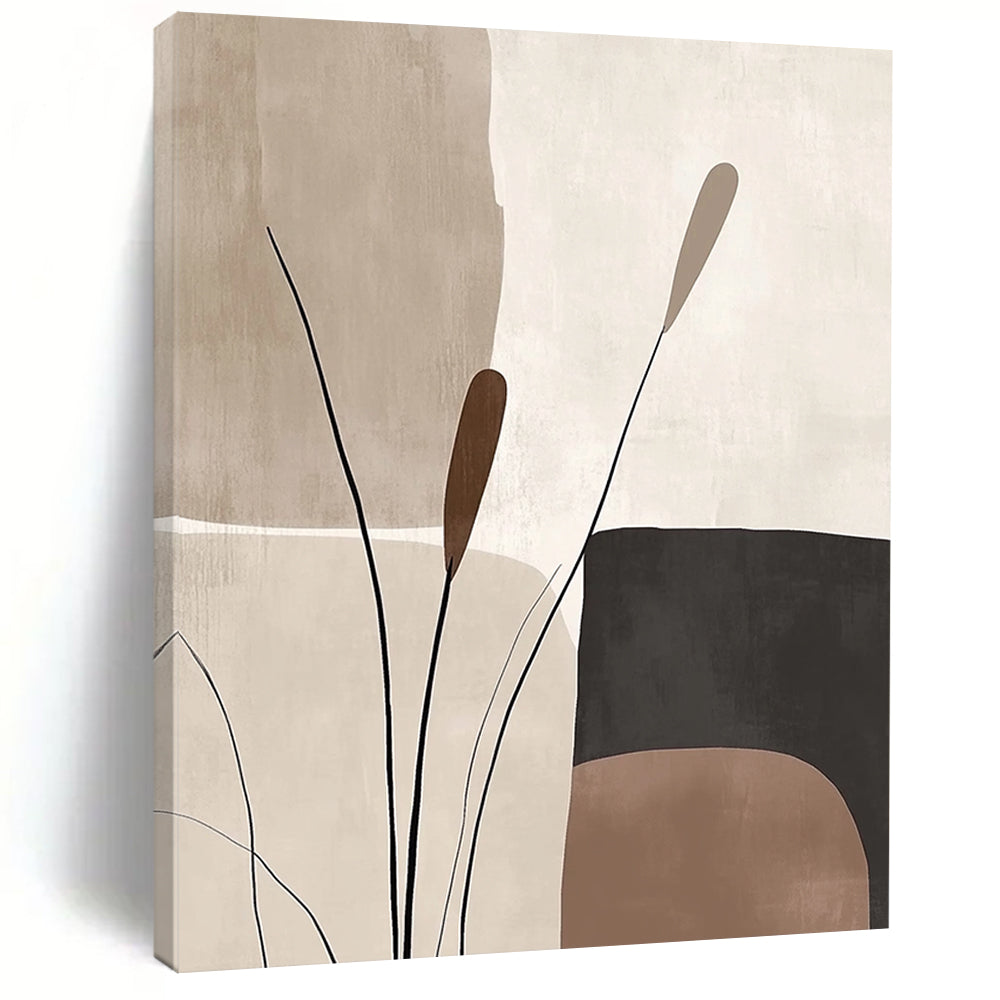 Abstract Canvas Wall Art Large, Beige Brown Black Minimalist Plant Abstract Art PT135