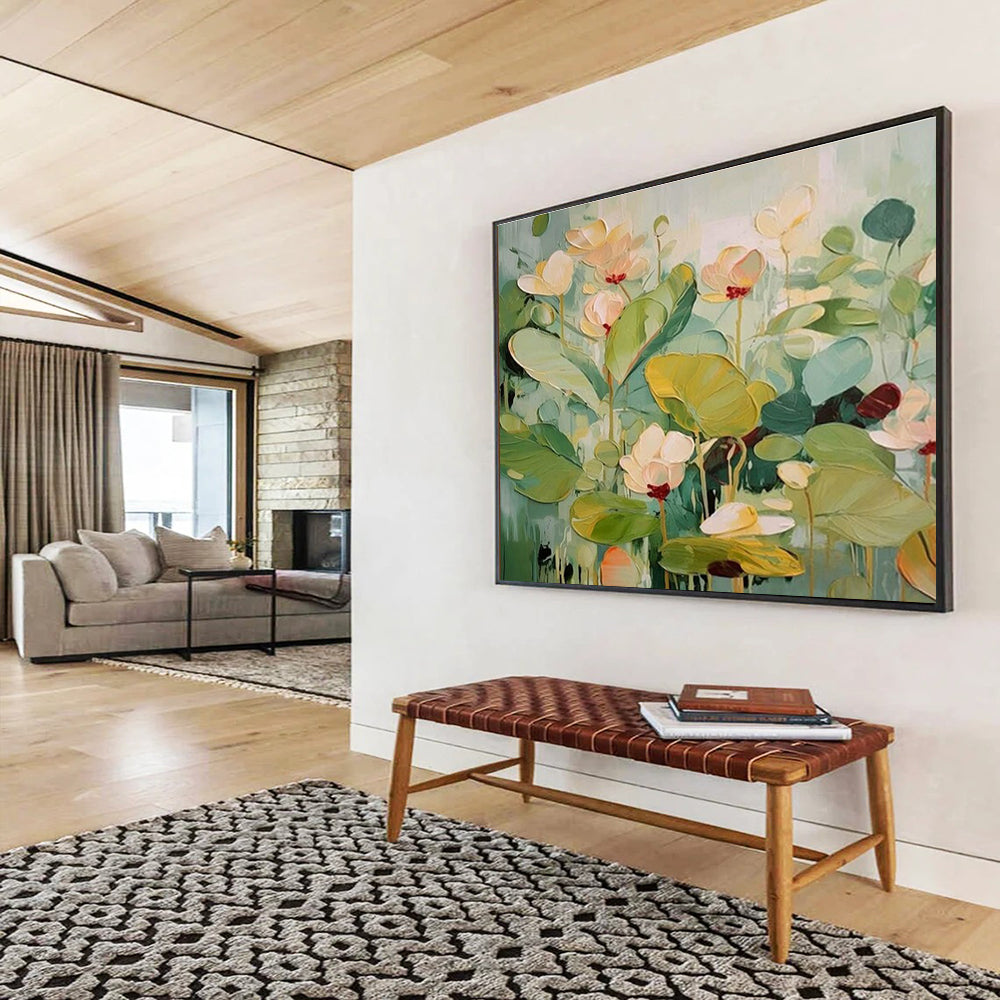 Gaint Canvas Art Green and Pink Lotus Floral Textured Oil Painting HPS332