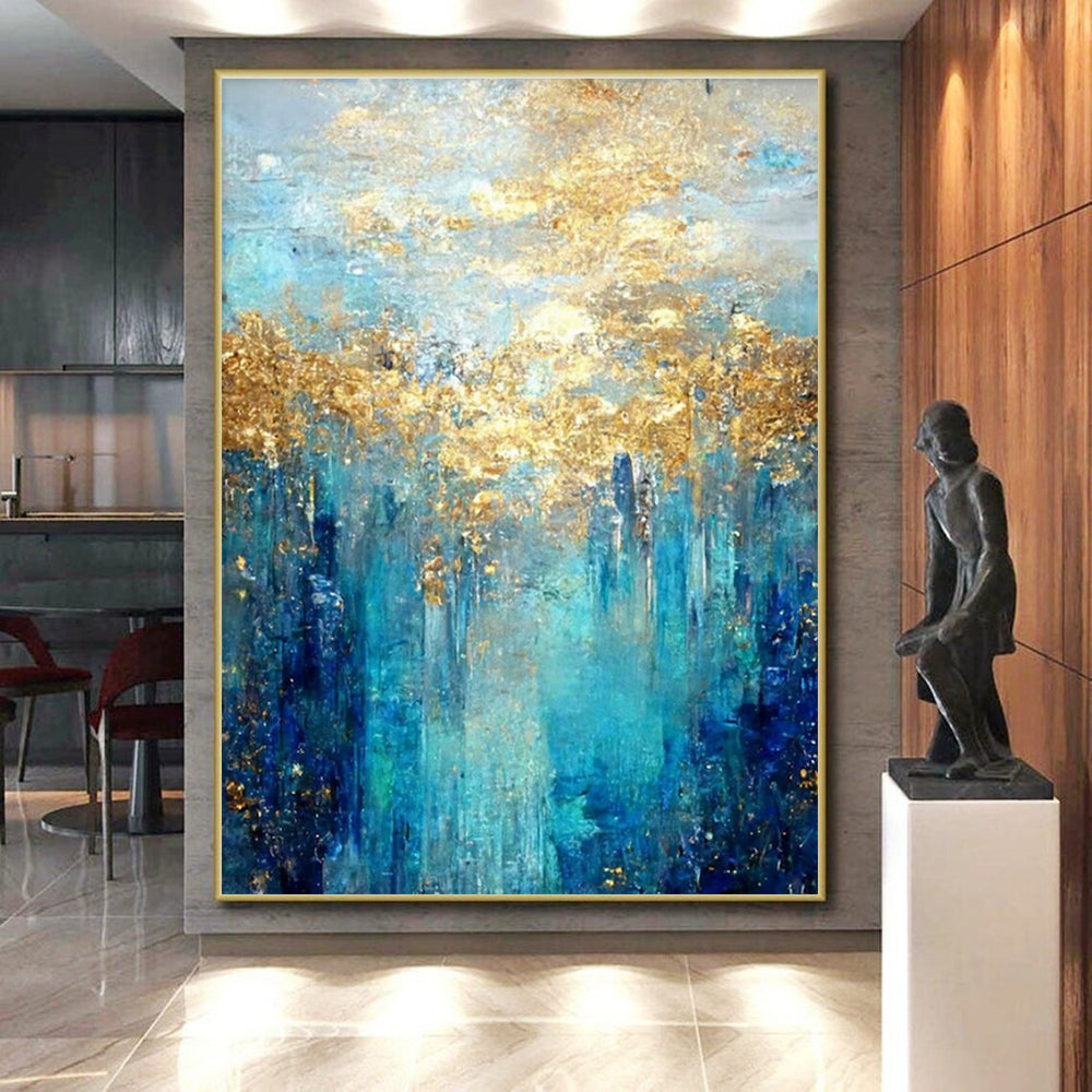 Oversized Abstract Wall Art Teal, Gold, and Blue Abstract Art PT658