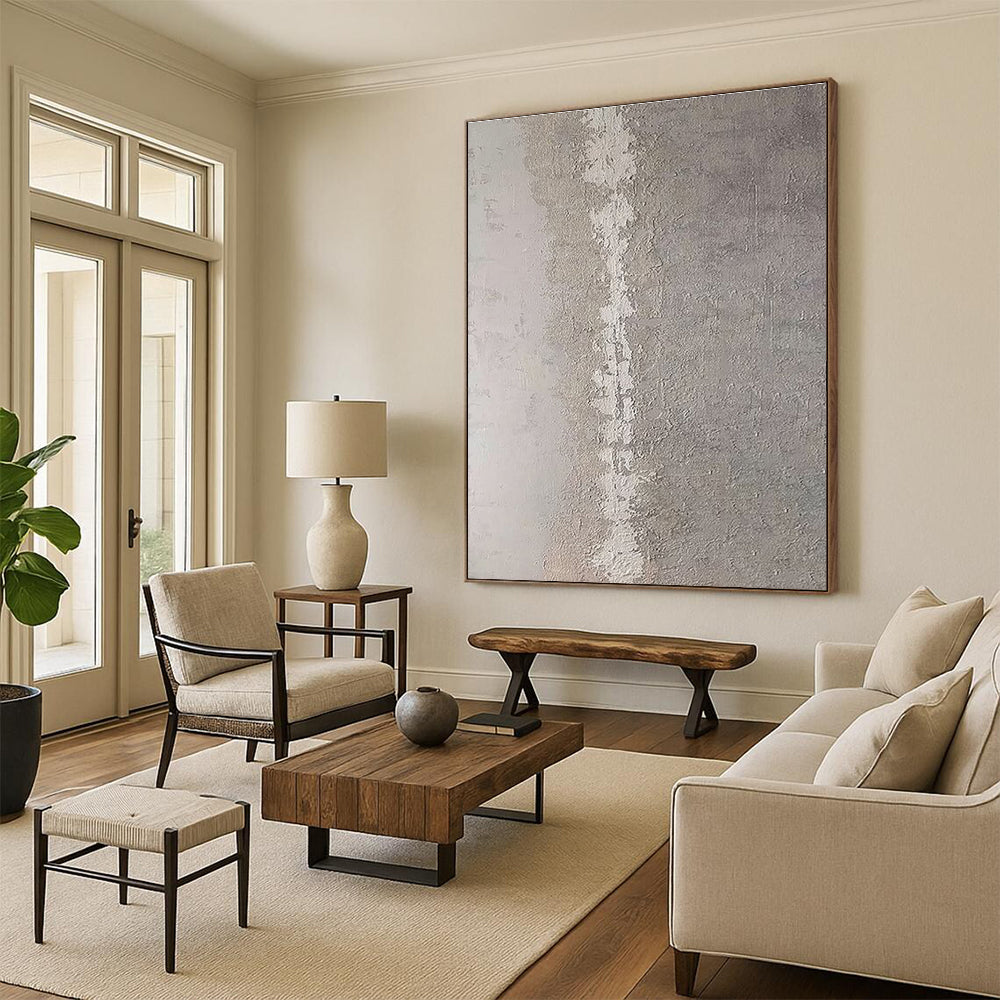 Minimalist Canvas Art in Gray and White Textured Line Design, Hand Painted Art PT310