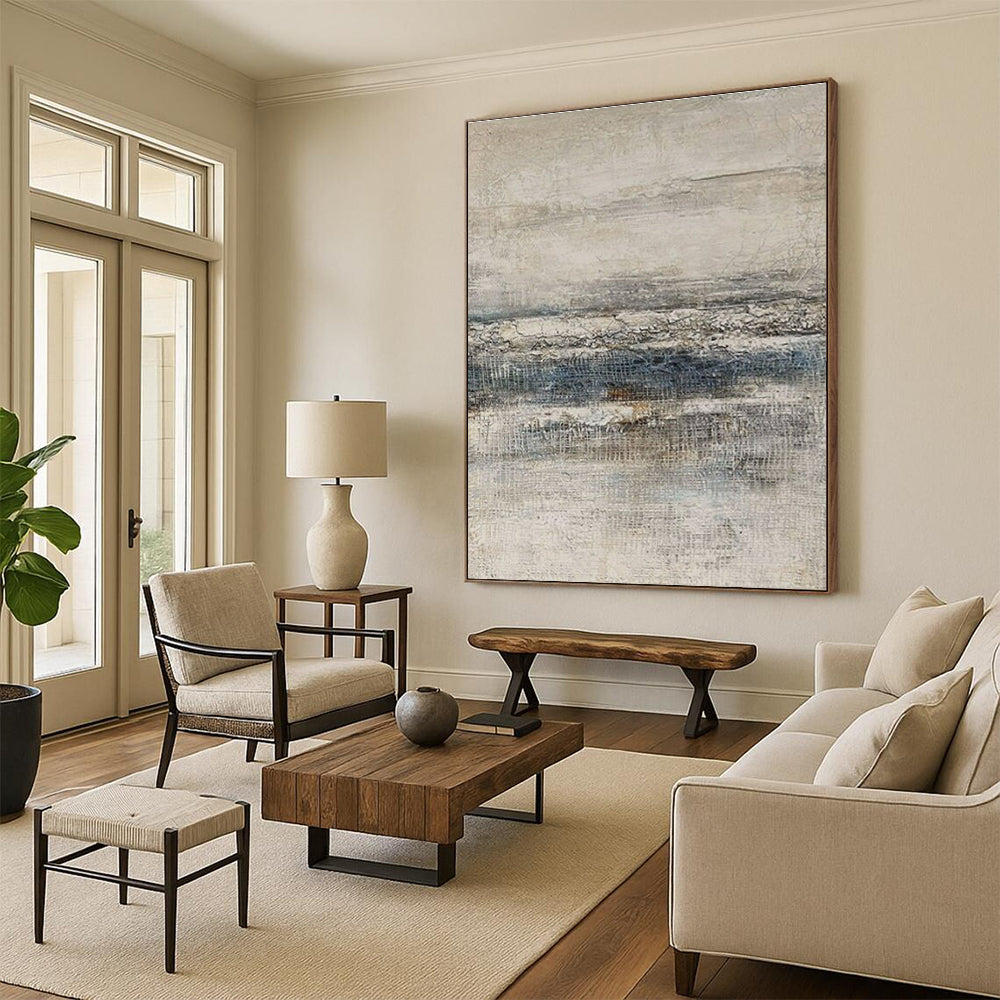 Oversized Abstract Wall Art Beige and Blue Textured Abstract Art PT627