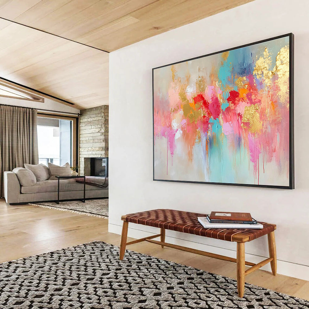 Gaint Canvas Art Colorful Abstract Floral with Gold Foil Modern Art Acrylic HPS302