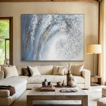 Large Size Blue and White Abstract Textural Wave Art PT258
