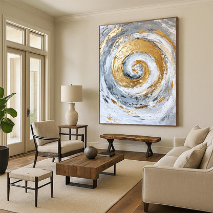 Affordable Large Abstract Wall Art, Gray White Gold Spiral Abstract Art PT138