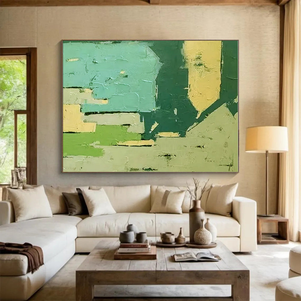 Handmade Art Green, Teal, and Beige Geometric Abstract Art PT799