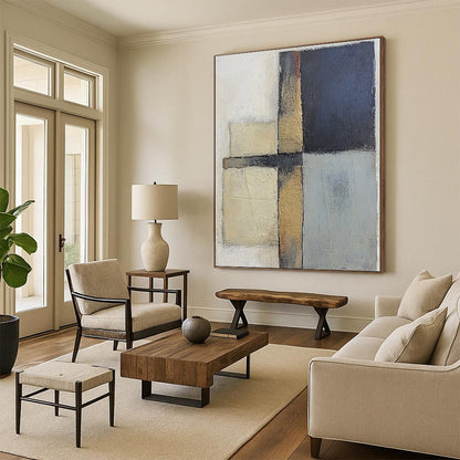Custom Large Abstract Art For Living Room, Beige Blue Gold Abstract Geometric Art PT159