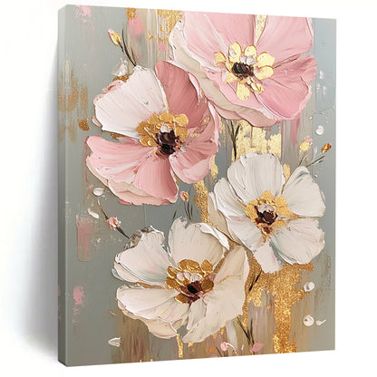 Hand Painted Art Pink, White, and Gold Floral Abstract Flower Painting DPS437