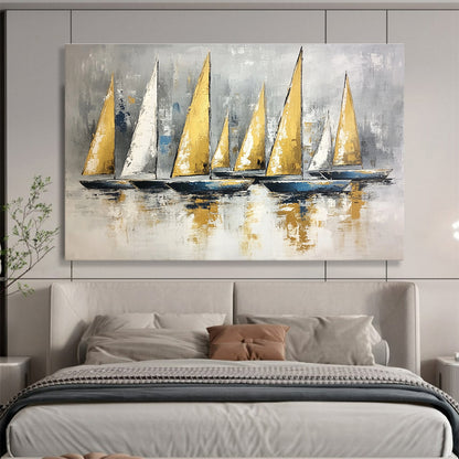 Huge Size Gold, White, and Gray Sailboat Fleet Abstract Nautical Art HPS323