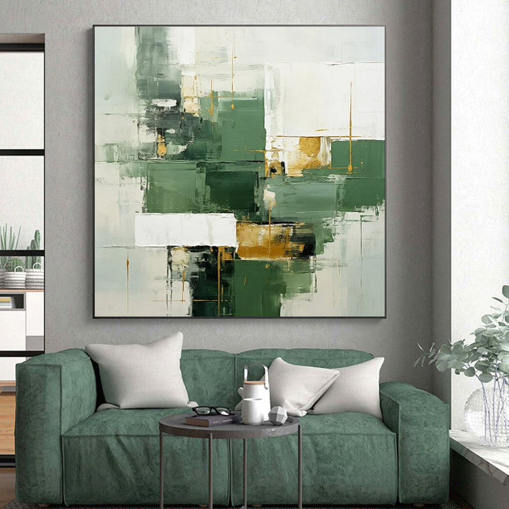 Large Size Green, White, and Gold Geometric Abstract Art PT800