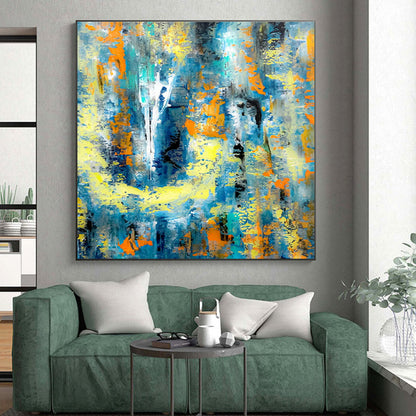 Modern Art Acrylic Blue, Yellow, and Orange Textured Abstract Art PT729