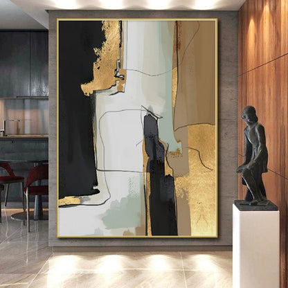 Oversized Abstract Wall Art Black, Gold & Gray Textured Abstract Painting On Canvas PT088
