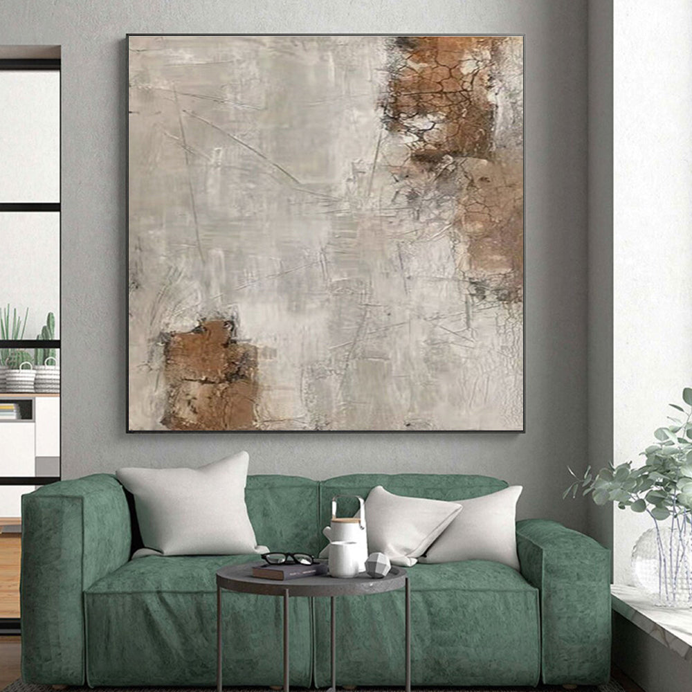 Hand Painted Art Beige, Gray, and Brown Cracked Abstract Piece, Acrylic Modern Art PT305