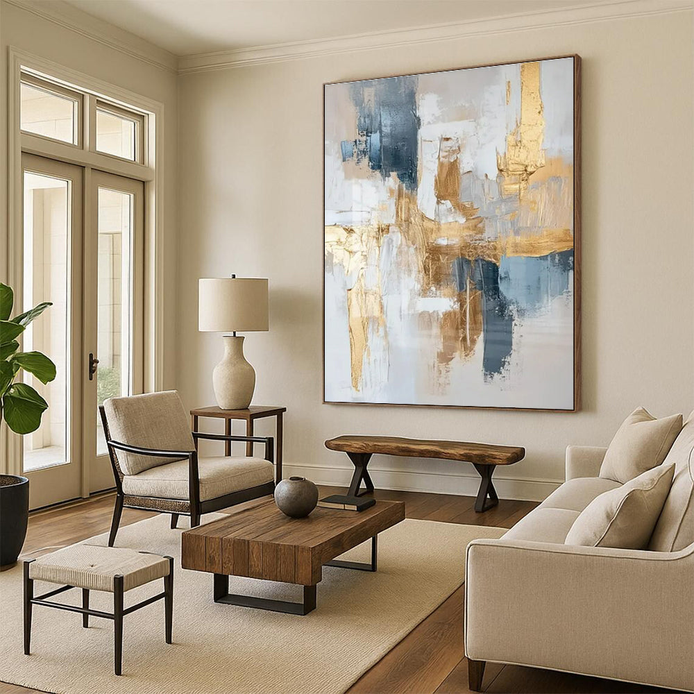 Acrylic Modern Art Paintings Gold, Blue, and White Textured Abstract Art PT732