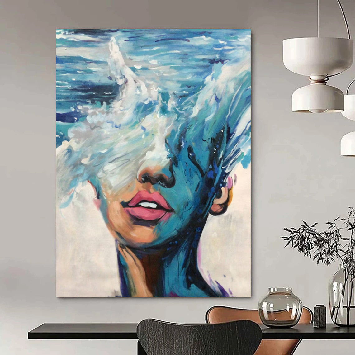Acrylic Modern Art Paintings Blue, White, and Pink Abstract Portrait Painting DPS453