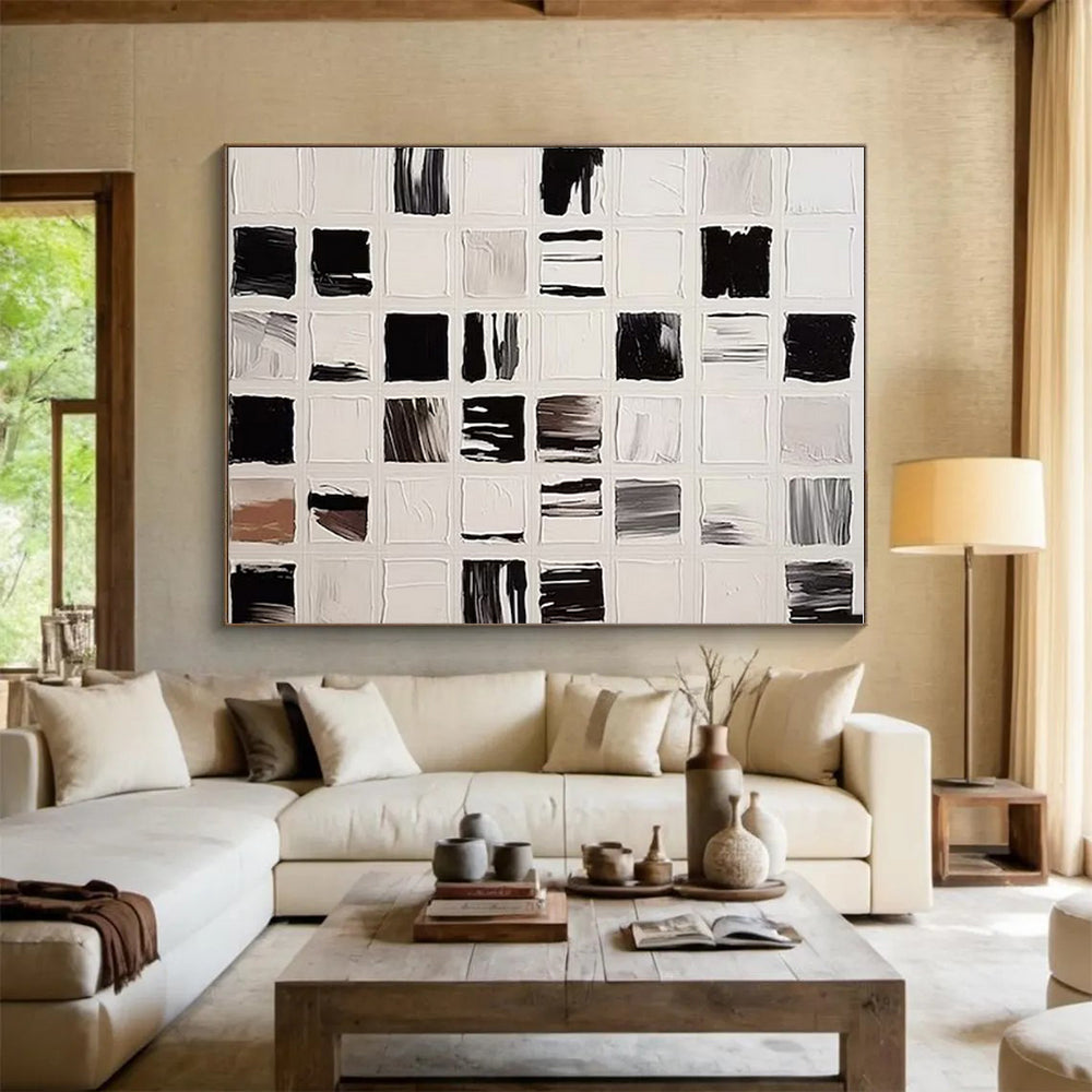 Hand Painted Art Black, White and Gray Grid Abstract Composition, Acrylic Modern Art Painting PT555