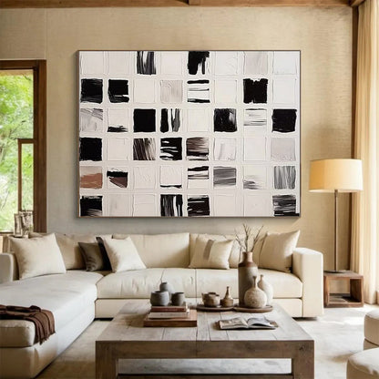 Hand Painted Art Black, White and Gray Grid Abstract Composition, Acrylic Modern Art Painting PT555