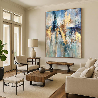 Oversized Abstract Wall Art Blue Gold Modern Acrylic Artwork PT440