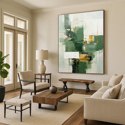 Large Size Green, White, and Gold Geometric Abstract Art PT800