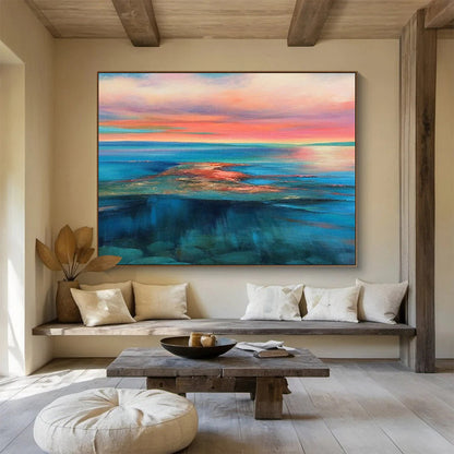 Hand Painted Art Pink, Blue & Teal Abstract Sea & Sky Art HPS182
