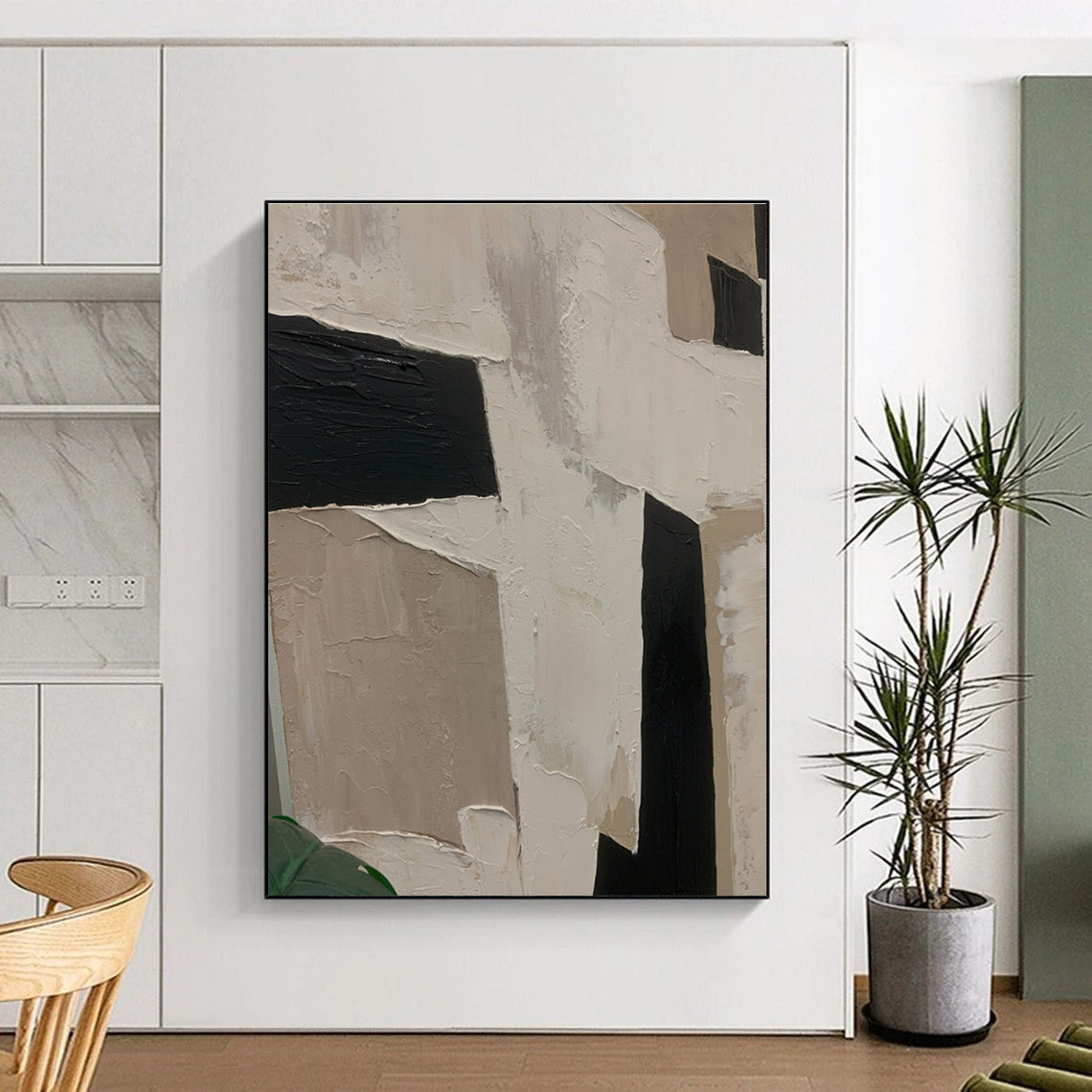 Large Contemporary Wall Art in Black, Beige, and White Geometric Textures, Handmade Art PT306