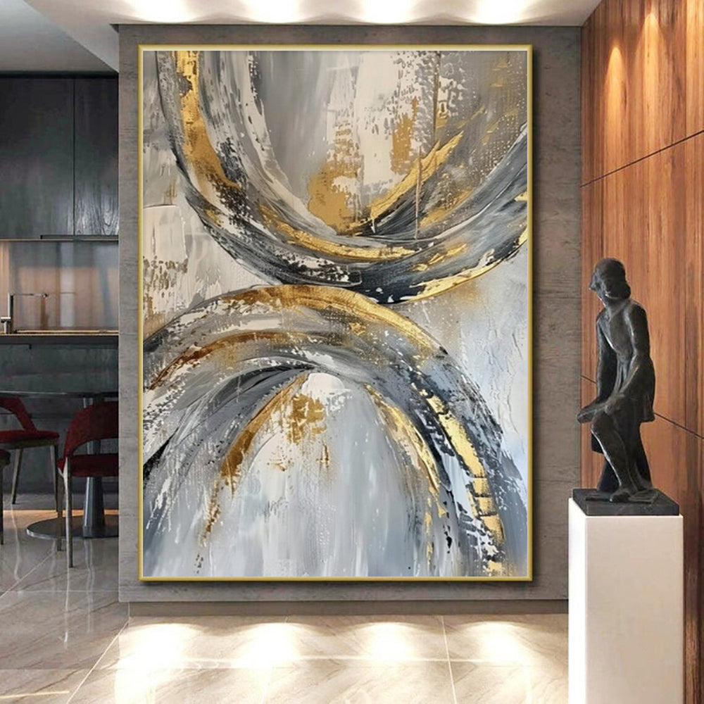 Oversized Abstract Wall Art Gold, Gray, and White Circular Abstract Art PT737