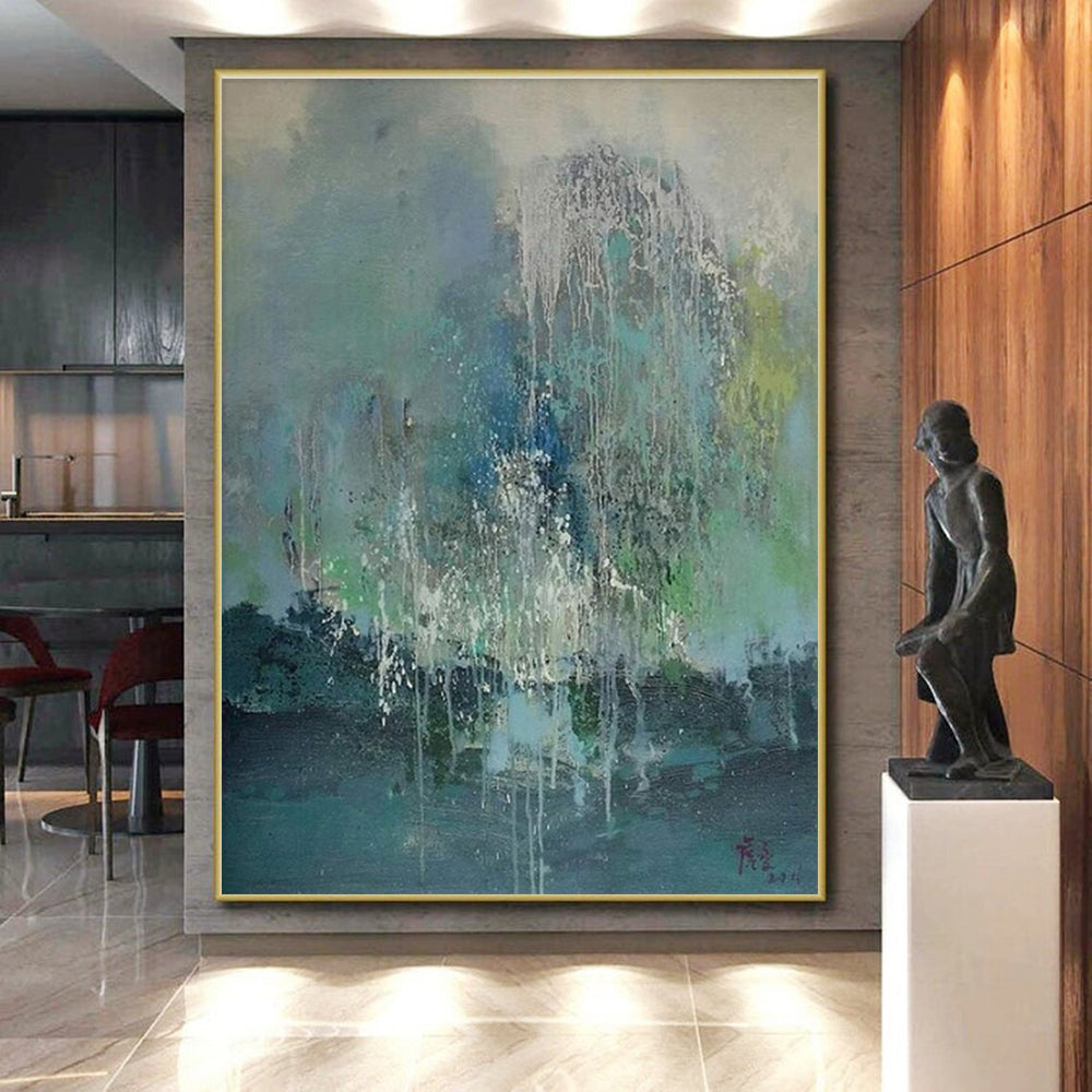 Hand Painted Art Teal and White Abstract Rainy Scene, Acrylic Modern Art Painting PT537
