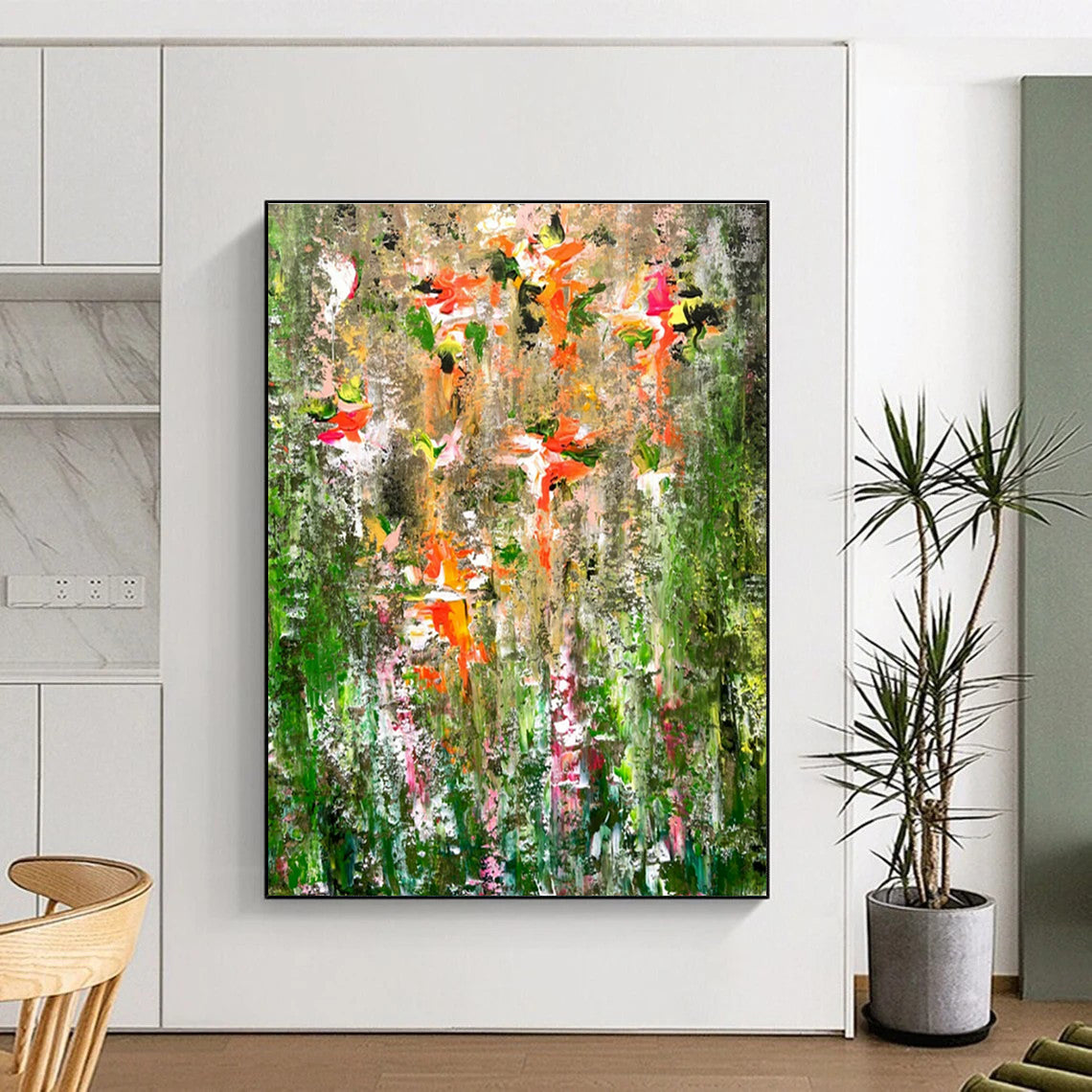 Hand Painting Green, Orange, and Pink Floral Abstract Art PT731