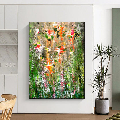 Hand Painting Green, Orange, and Pink Floral Abstract Art PT731