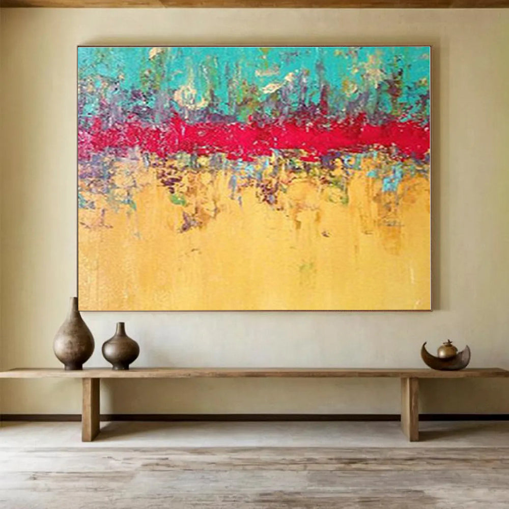 Unique Abstract Art Turquoise, Red & Yellow Textured Abstract Painting On Canvas HPS097