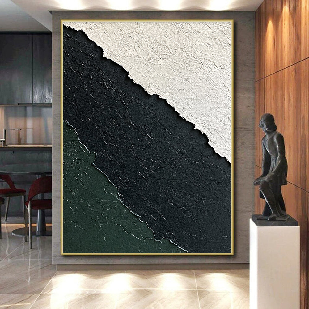 Large Abstract Painting For Living Room With Black, White, Dark Green Textured Layers On Canvas PT181